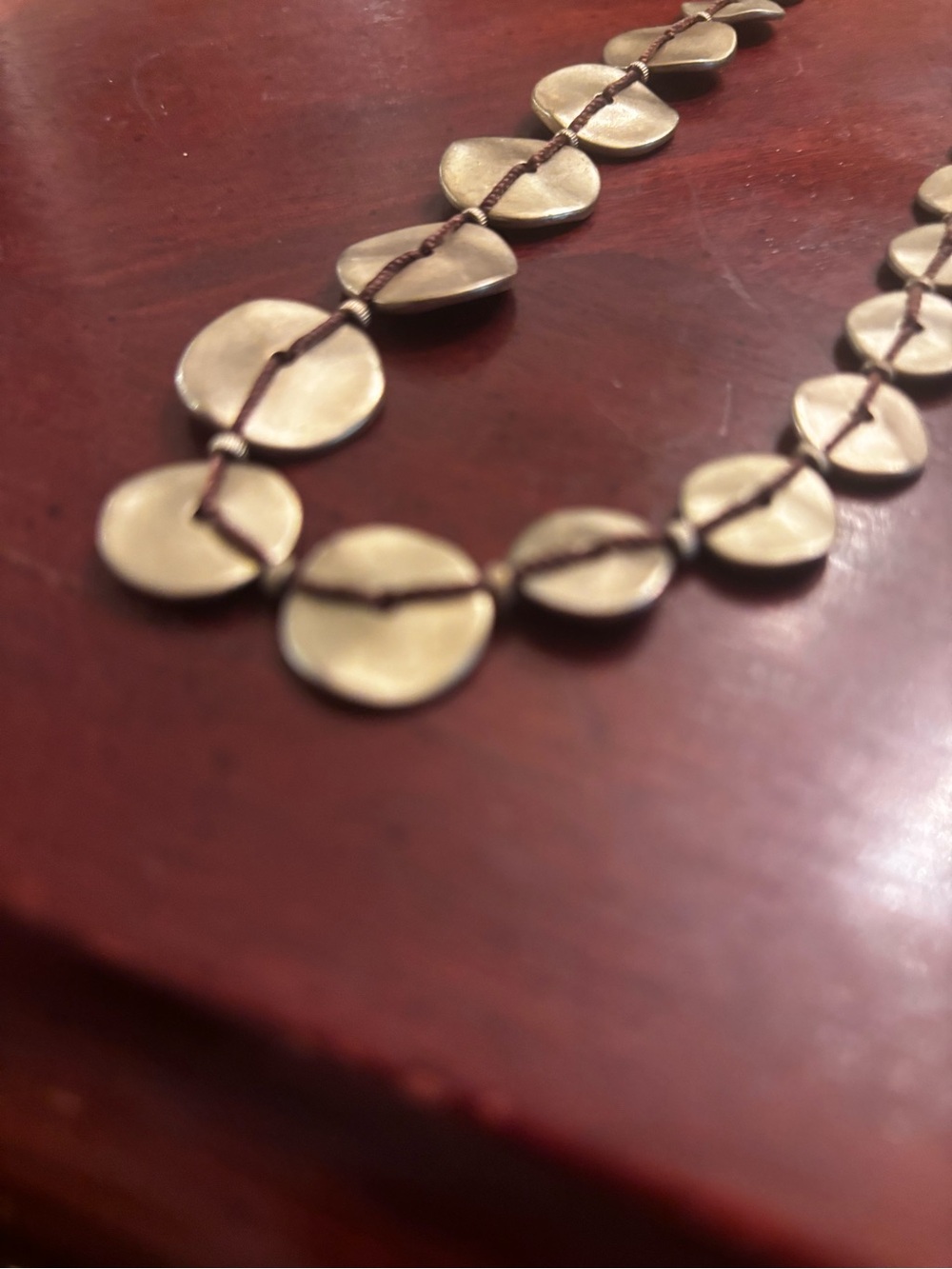 Chico's Gold Disc Cord Necklace with Dark Brown Cord